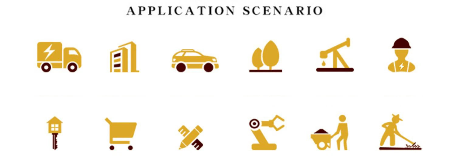 Gold and dark brown icons illustrating various professional work environments and industrial applications.