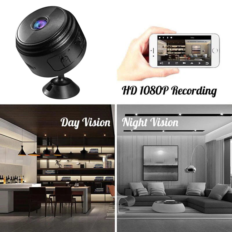 Small black plastic 1080p security camera on a stand with smartphone monitoring, day and night vision capabilities.