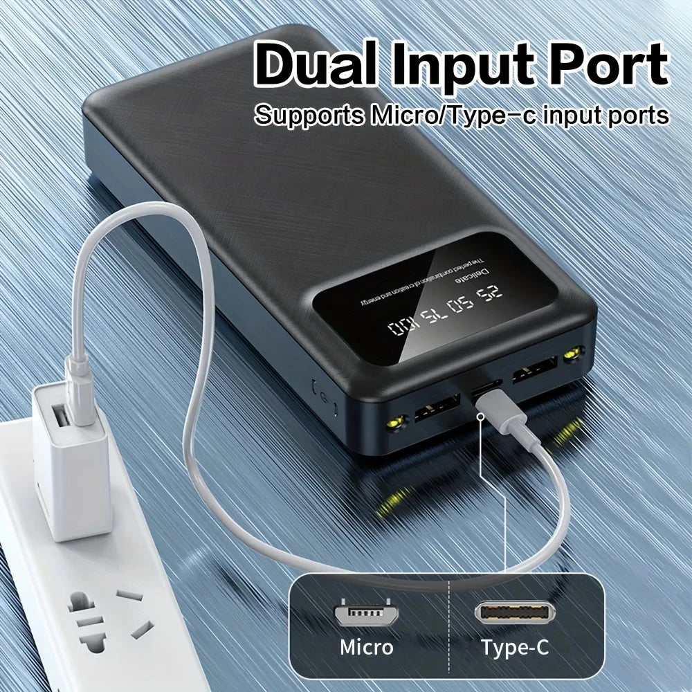 Black 50,000mAh portable power bank with LED digital display, featuring Micro and Type-C dual input ports.