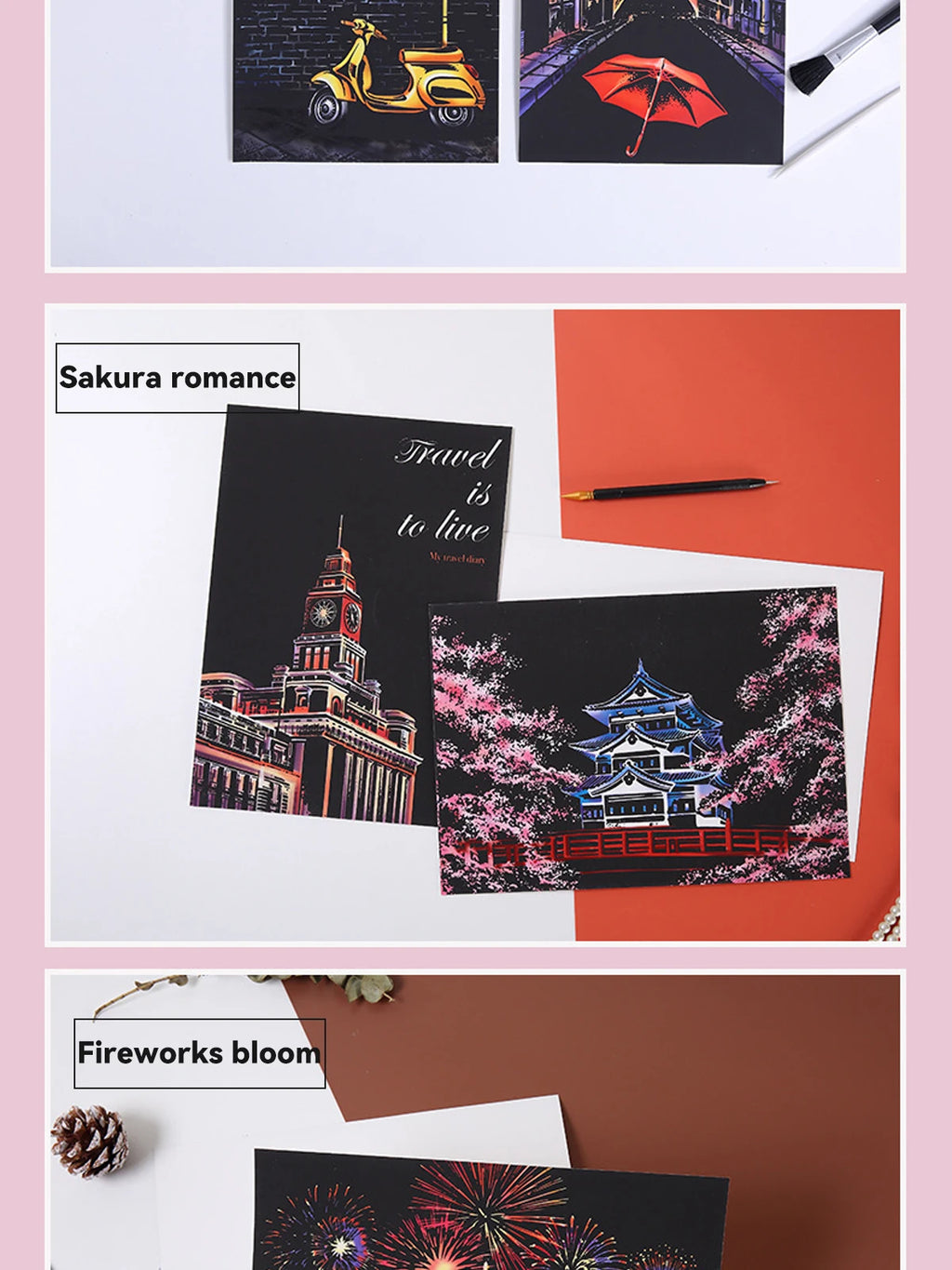 Scratch art cards with colourful city and landscape designs on black backgrounds, plus a stylus pen.