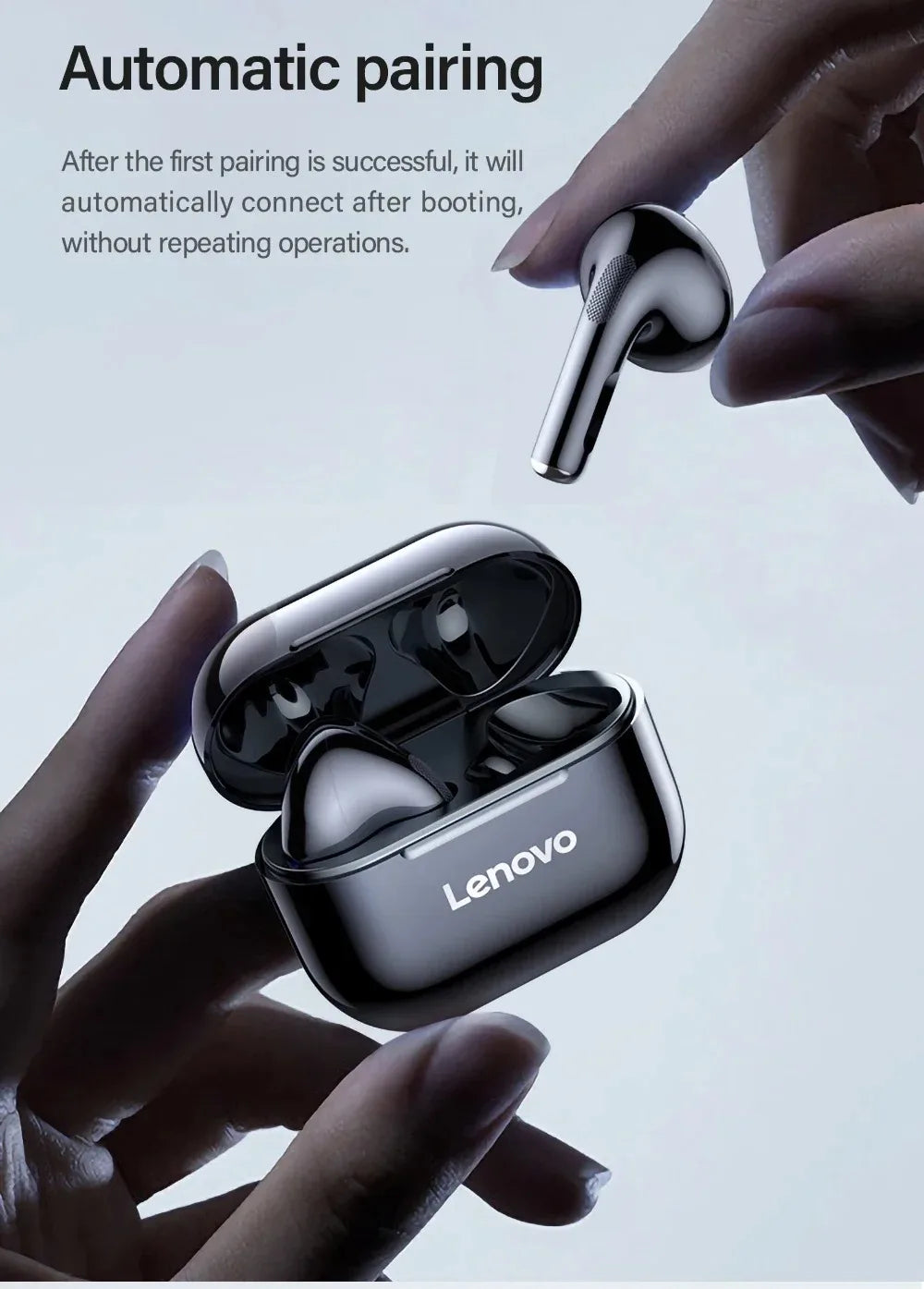 Glossy black wireless earbuds and their open charging case held in a hand. Modern, sleek, compact design.