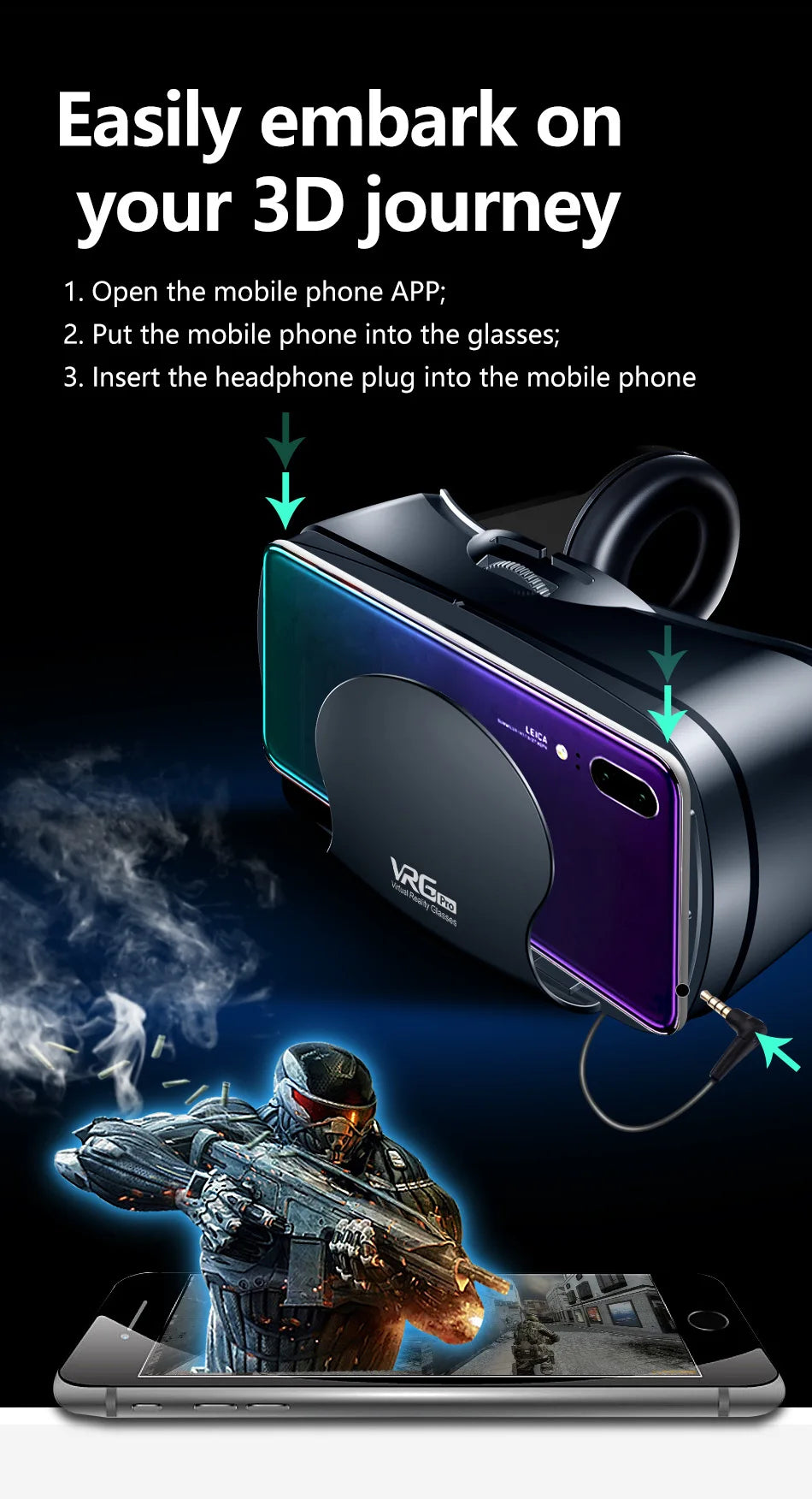 Black VR headset for smartphones, featuring an integrated headphone and a sleek, modern design.