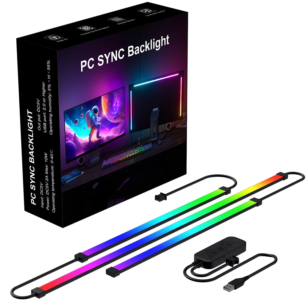 Multi-coloured LED sync backlight strip for TV or PC monitor, shown with retail packaging and USB controller.