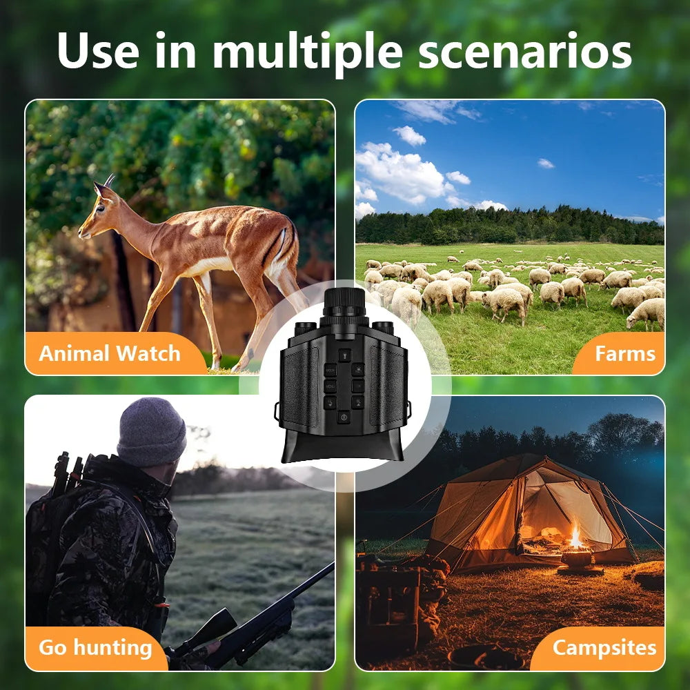 Black plastic digital night vision binoculars with a focus dial and central control buttons.