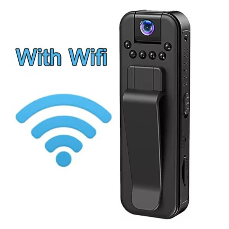 Black plastic body-worn camera with a clip, Wi-Fi connectivity, lens, and small LED lights.