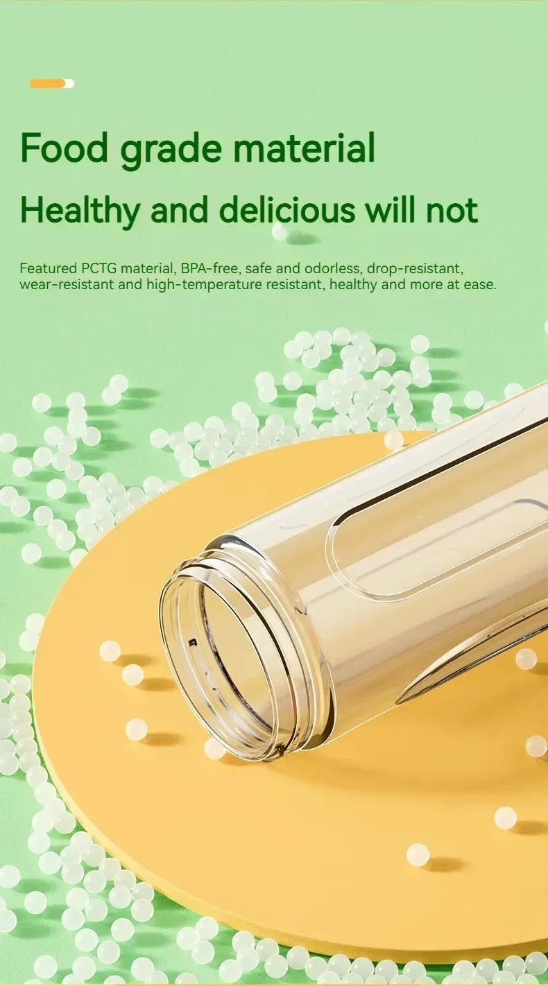 Clear, cylindrical BPA-free plastic water bottle on a yellow circular base, surrounded by small white beads.
