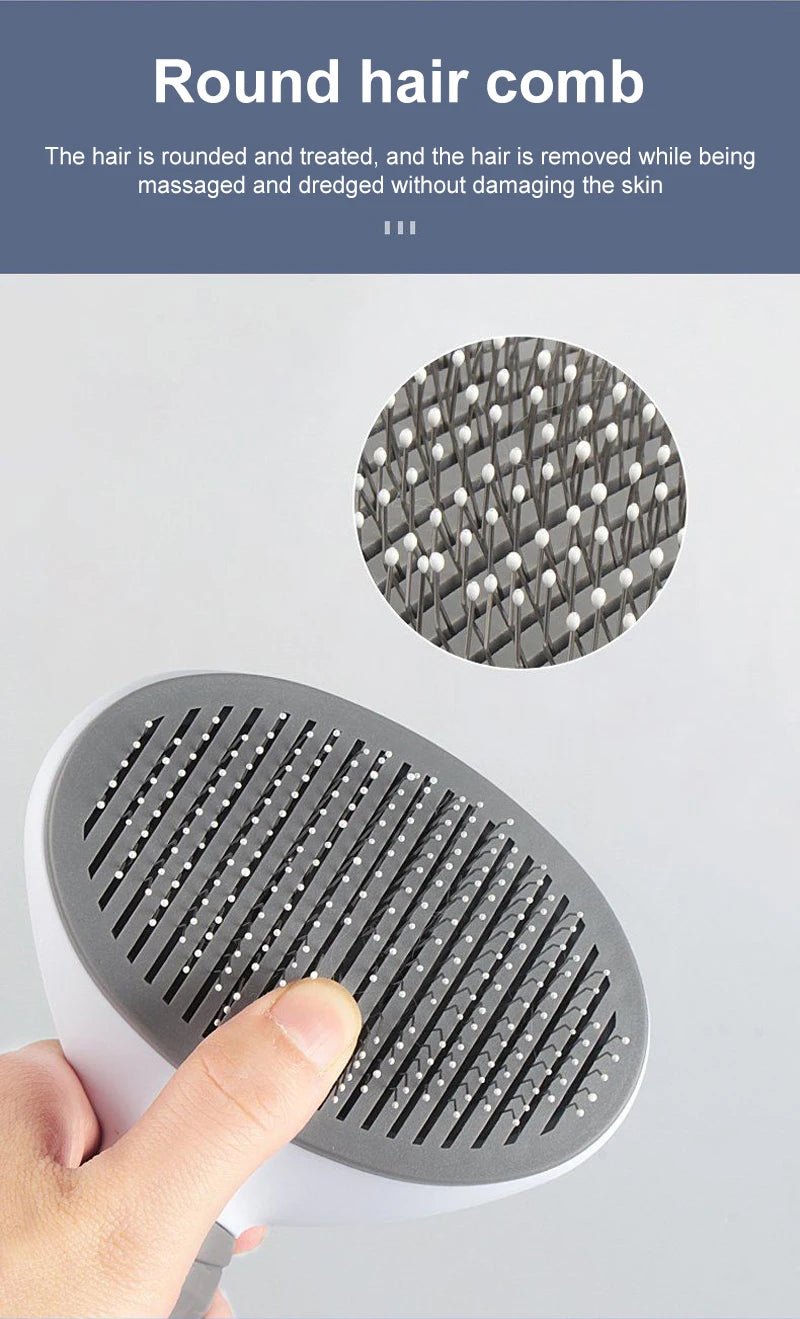 White and grey pet grooming brush with rounded, metal-tipped bristles to gently remove hair and massage skin.