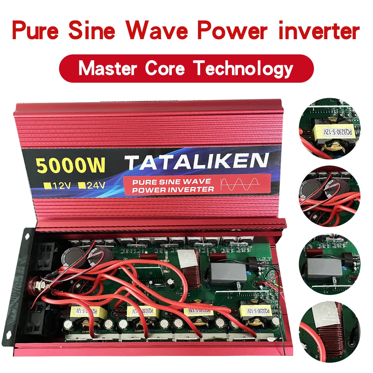 Red 5000W pure sine wave power inverter with its casing open to reveal internal green circuit board and wiring.