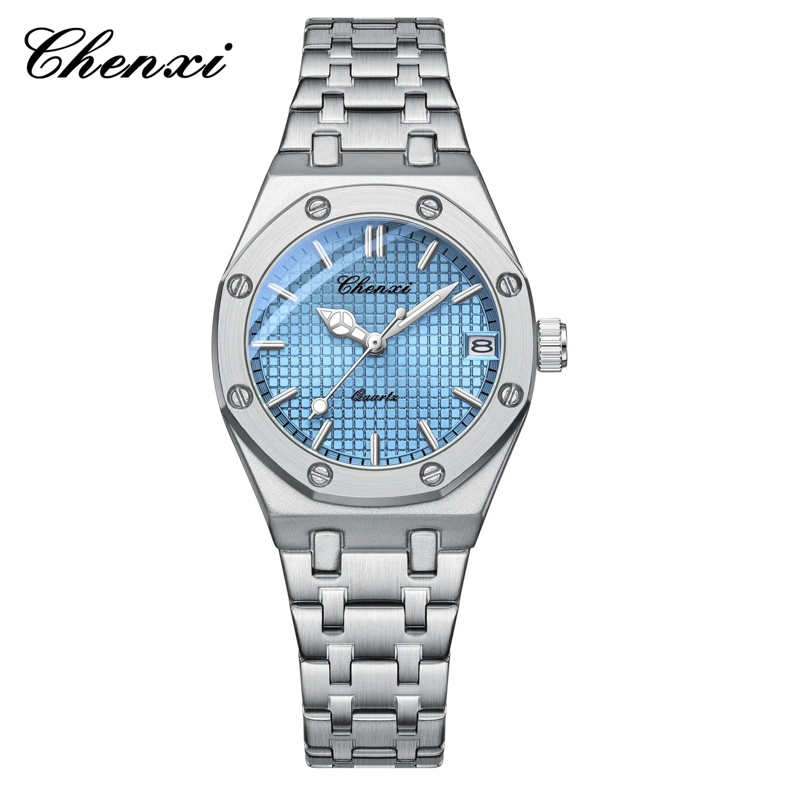 Luxury women's analogue watch in silver stainless steel with a textured blue dial and date display.