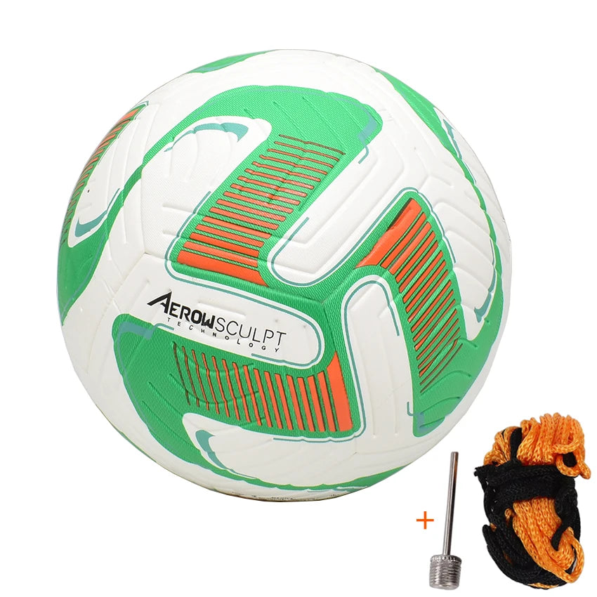 White football with green and orange textured graphics, including an inflation needle and a ball carry net.