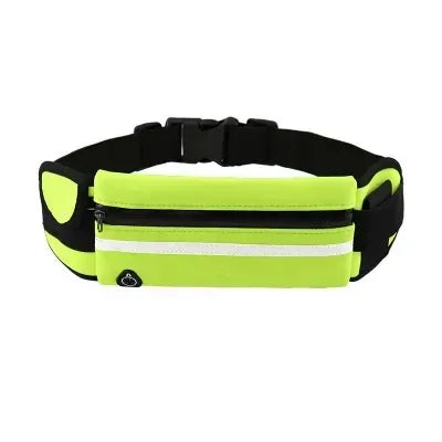 High-visibility neon green running waist belt with a black adjustable strap, zip pocket, and reflective stripe.