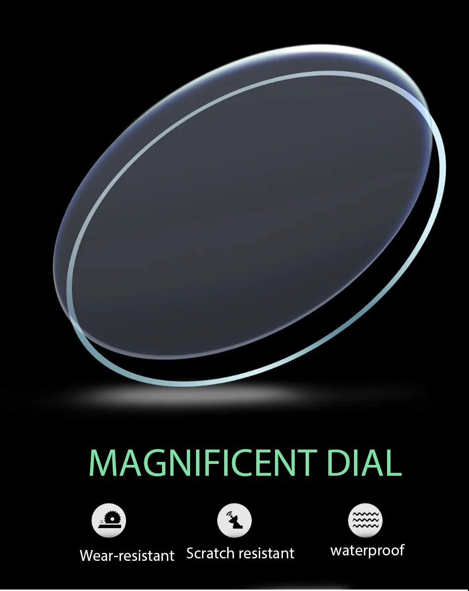 Close-up of a circular, clear watch glass face, highlighting its wear-resistant, scratch-resistant and waterproof design.