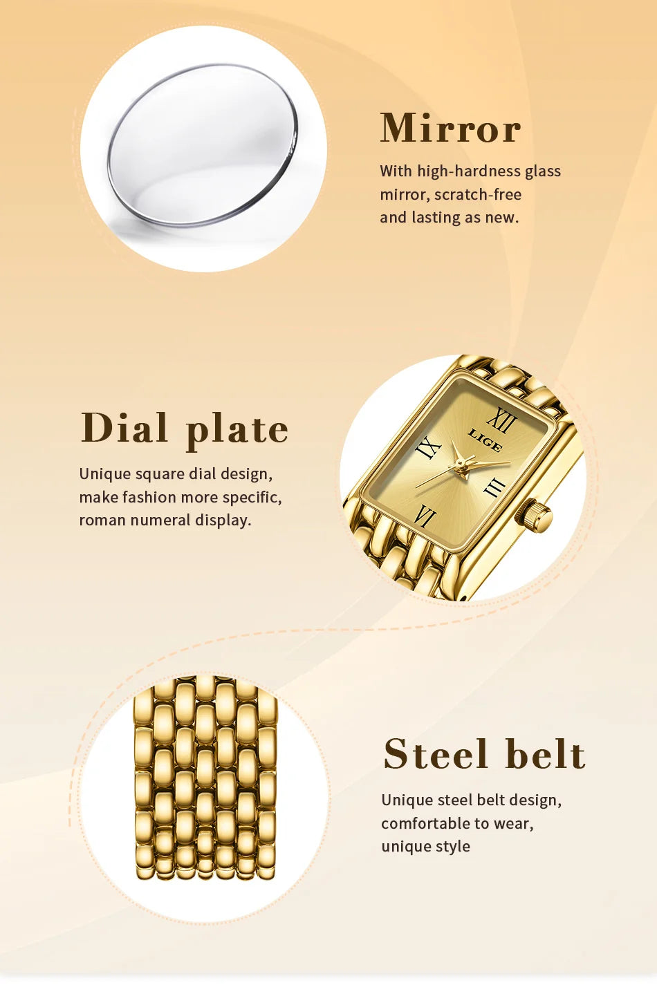 Gold-toned square ladies’ watch with a Roman numeral dial, scratch-resistant glass, and a stylish link bracelet.