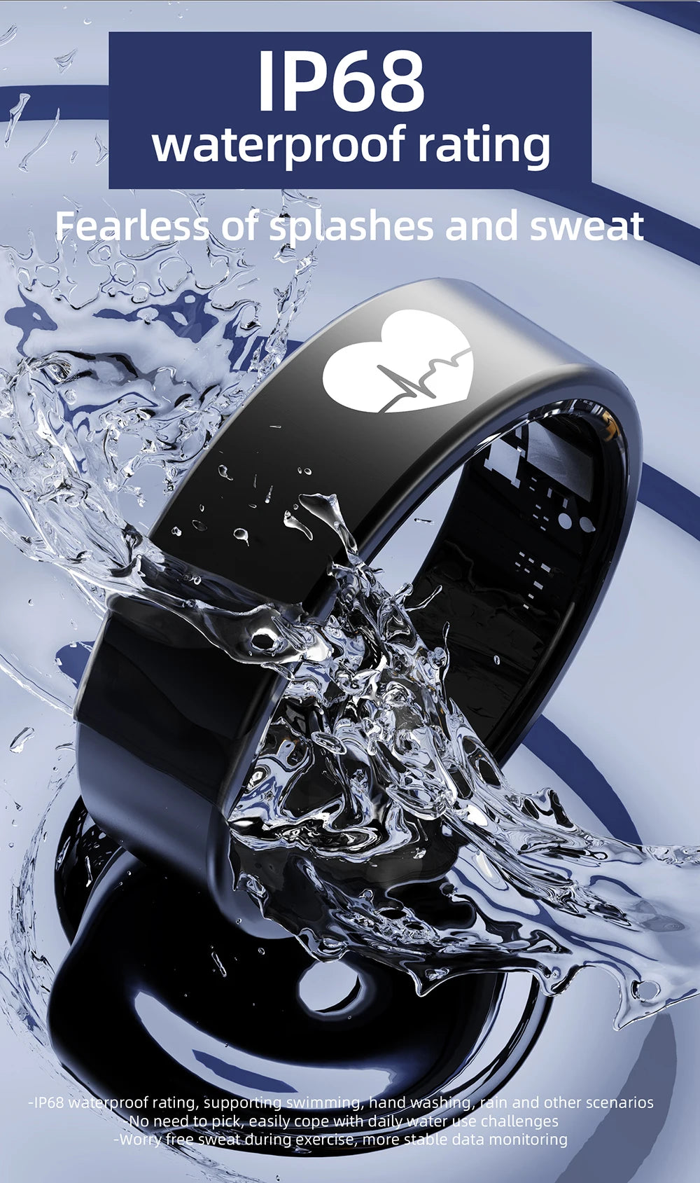 Sleek black waterproof fitness ring featuring a white heart rate icon, surrounded by water splashes.