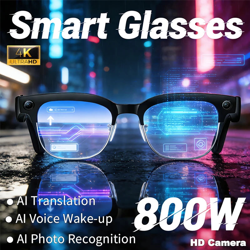Sleek black smart glasses featuring a built-in HD camera and futuristic AI digital interface projected on the lenses.
