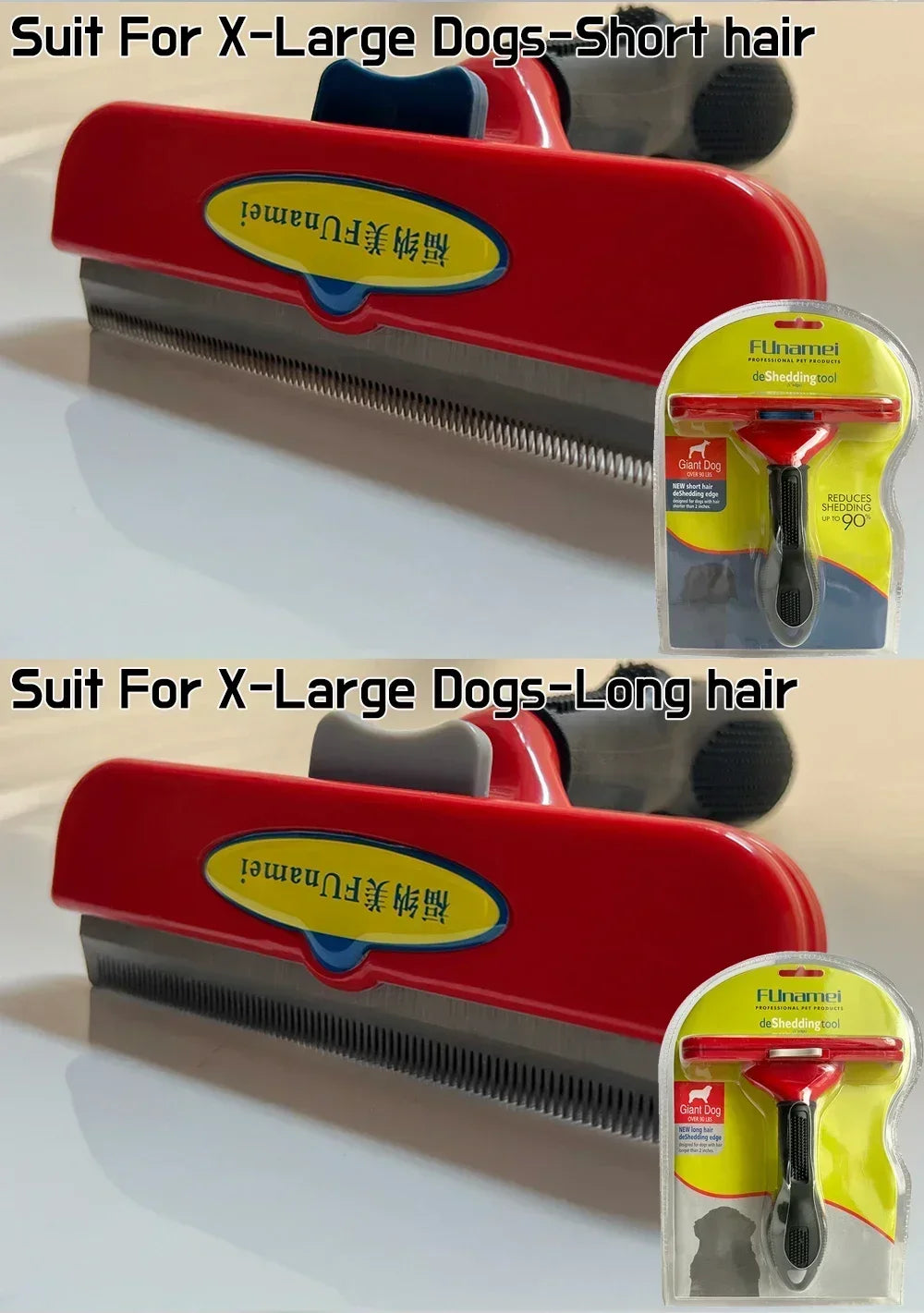 Red and black FUnamei deshedding tools for large dogs, shown in retail packaging for short and long hair varieties.
