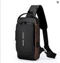 Black and brown anti-theft chest bag featuring a password lock, USB charging port, and adjustable shoulder strap.