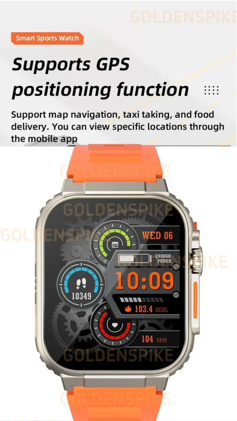 Silver Android smartwatch with an orange silicone strap, digital face, GPS, and rotary camera.