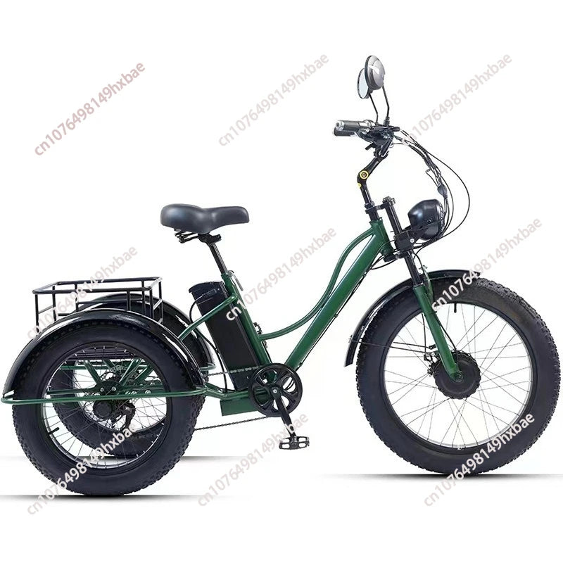 Dark green electric tricycle with fat tires, front headlight, and a rear cargo basket.