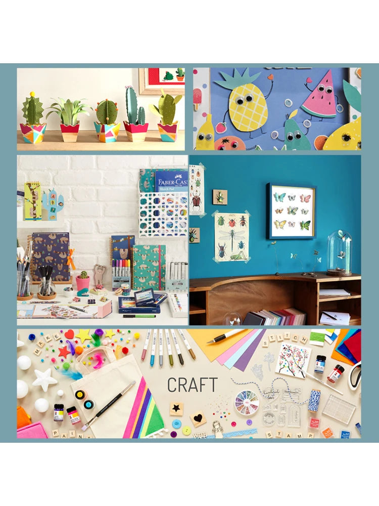 Collage of craft supplies, including paper succulents, notebooks, wall art, stationery, and vibrant DIY project kits.