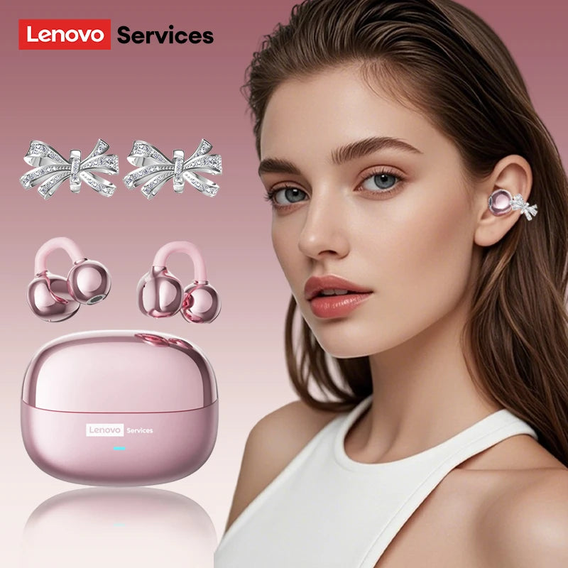 Pink metallic wireless earbuds with bow-shaped magnetic clip-on covers and a matching charging case worn by a model.