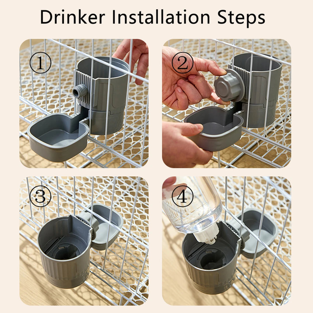 Four-step guide for installing a grey, plastic pet water dispenser onto a wire cage.