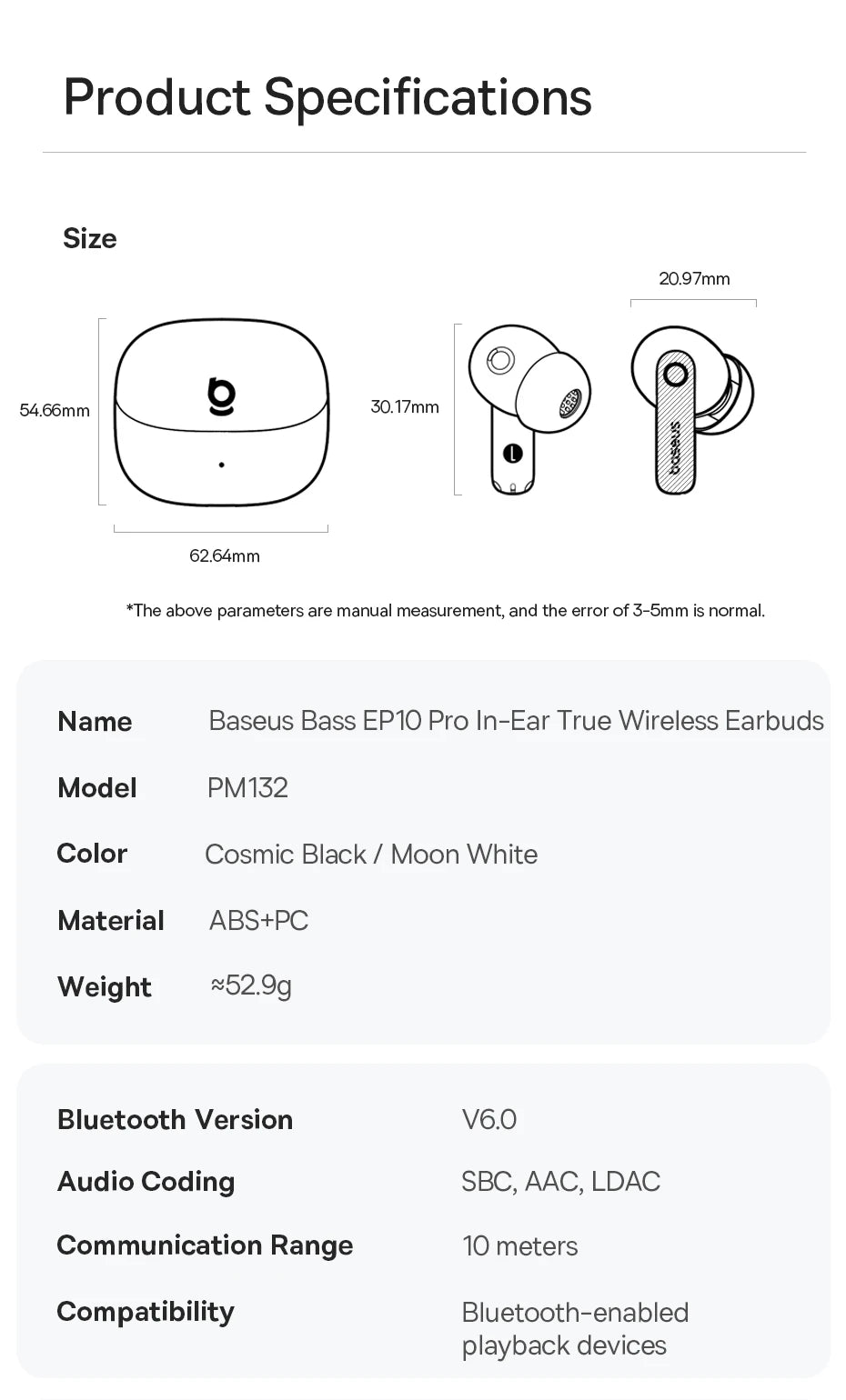 Product specification graphic for wireless in-ear earbuds with a compact charging case, including dimension diagrams.