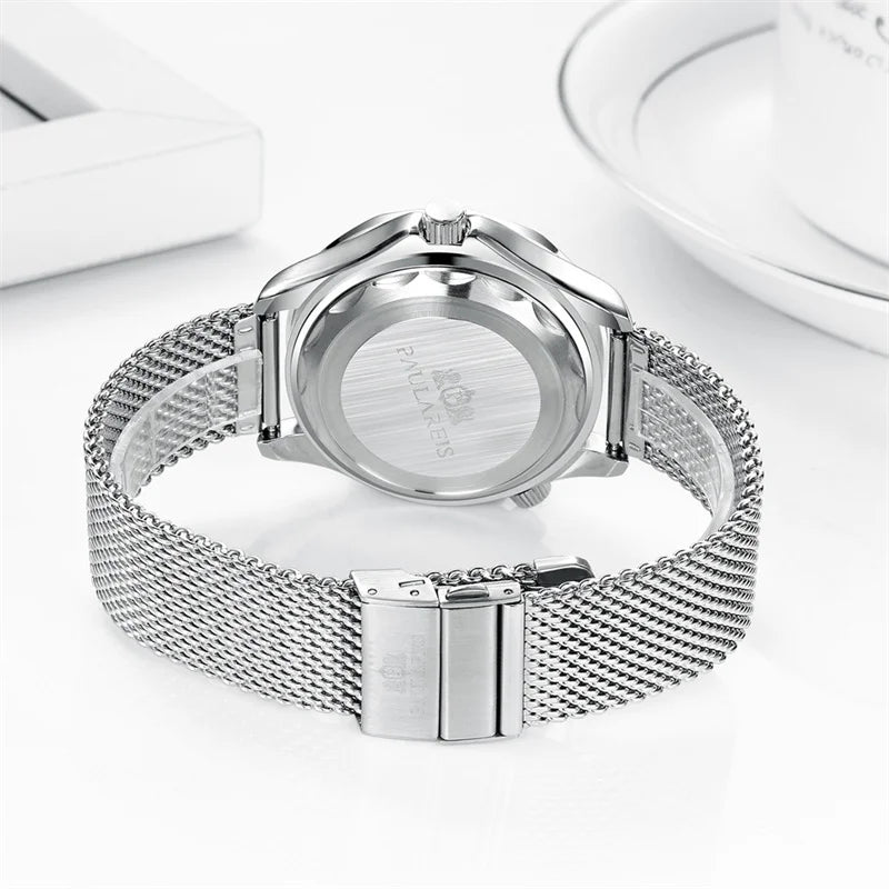 Reverse view of a classic silver-tone men's mechanical watch with a stainless steel mesh strap and secure clasp.