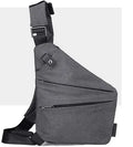 Grey compact anti-theft sling bag with a slim, triangular profile, adjustable strap and multiple zip compartments.