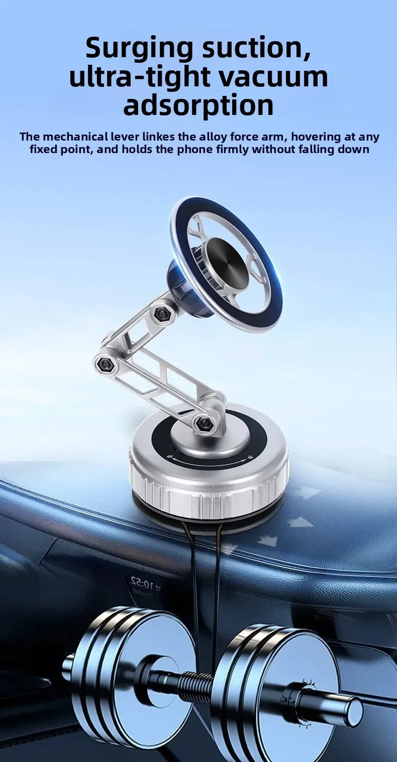 Silver metallic adjustable phone mount with a vacuum suction base, featuring a mechanical arm design.
