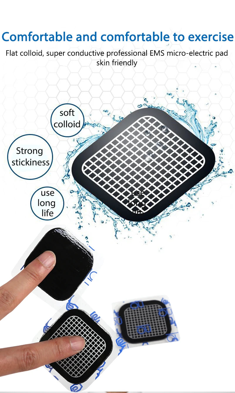 Black square EMS conductive gel pads with a white grid pattern, shown with water splashes and a finger for scale.