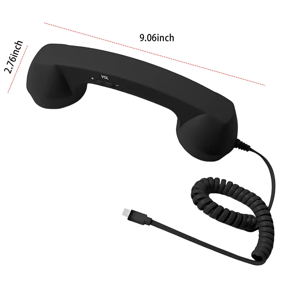 Matte black vintage-style telephone handset with volume controls, coiled cable, and jack connector. 9.06 x 2.76 inches.