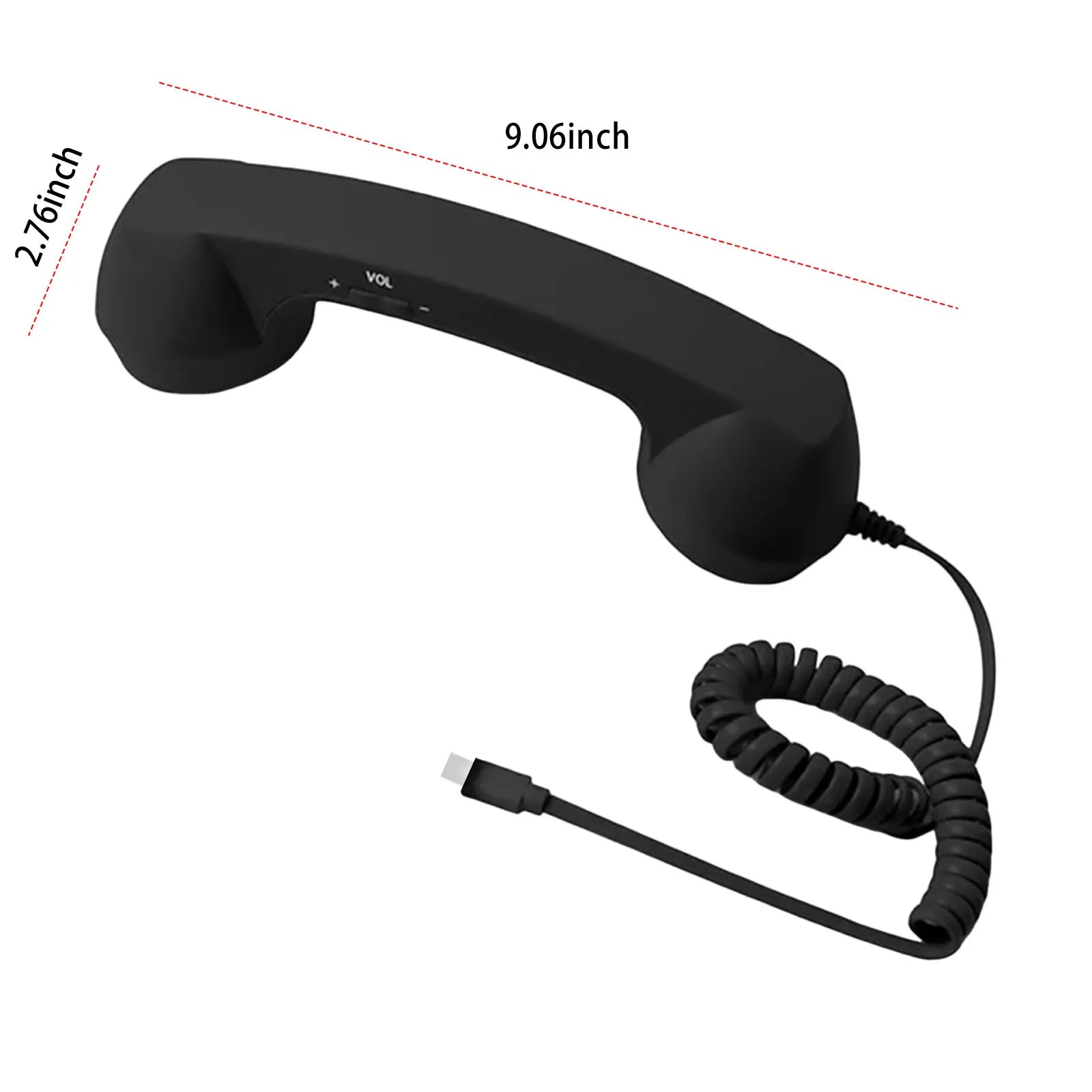 Matte black vintage-style telephone handset with volume controls, coiled cable, and jack connector. 9.06 x 2.76 inches.