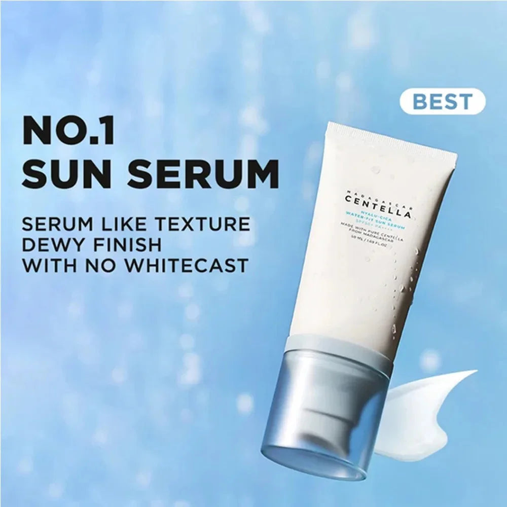White, water-resistant sun serum bottle with a clear cap, featuring a dewy, non-whitecast formula against a blue backdrop.