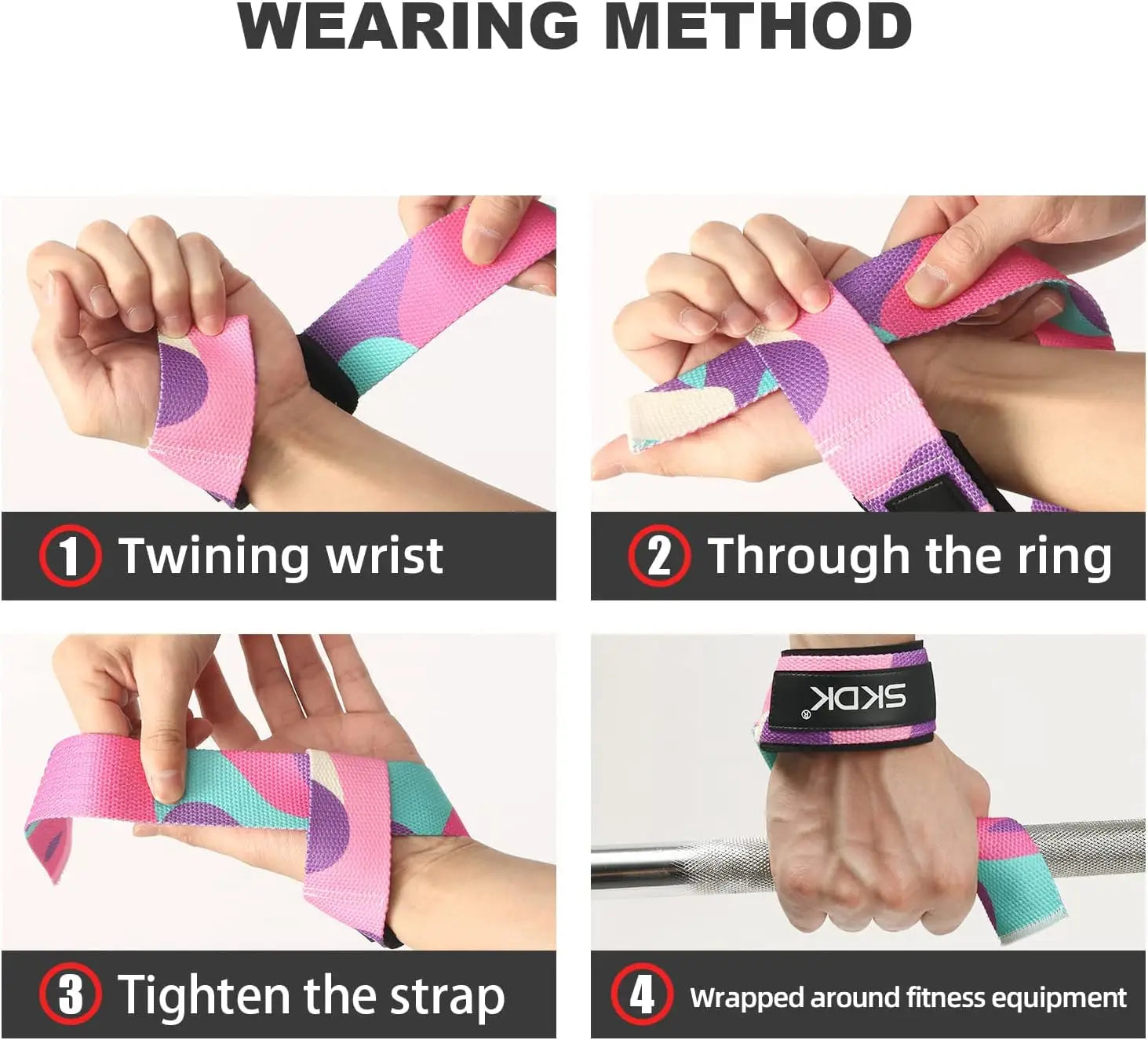 Four-step instructions on how to wear pink, purple, and teal patterned weightlifting wrist straps by SKDK.