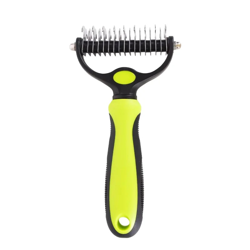Black and neon green pet dematting rake with metal serrated blades and an ergonomic handle.