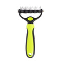 Black and neon green pet dematting rake with metal serrated blades and an ergonomic handle.