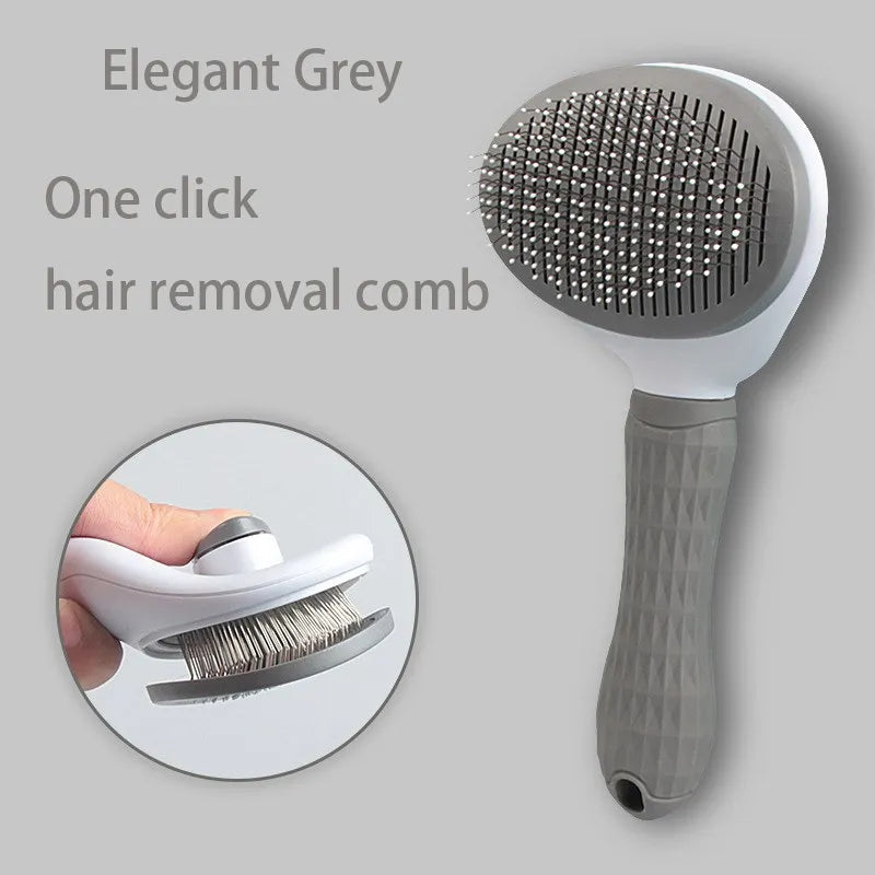 Grey and white self-cleaning pet slicker brush with a textured handle. Inset shows the one-click hair removal feature.