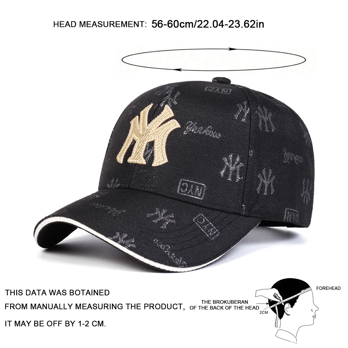 Black unisex baseball cap featuring an all-over patterned print and a prominent embroidered gold 'MY' logo on the front.