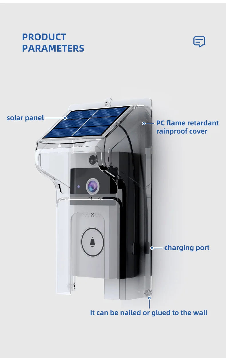 Black smart video doorbell with a clear solar-powered rain cover, featuring a camera lens and bell-icon button.