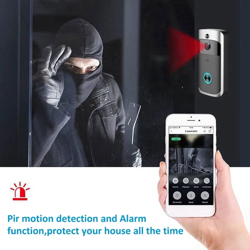 Silver smart video doorbell with blue-lit button, showing app-connected motion detection for home security.