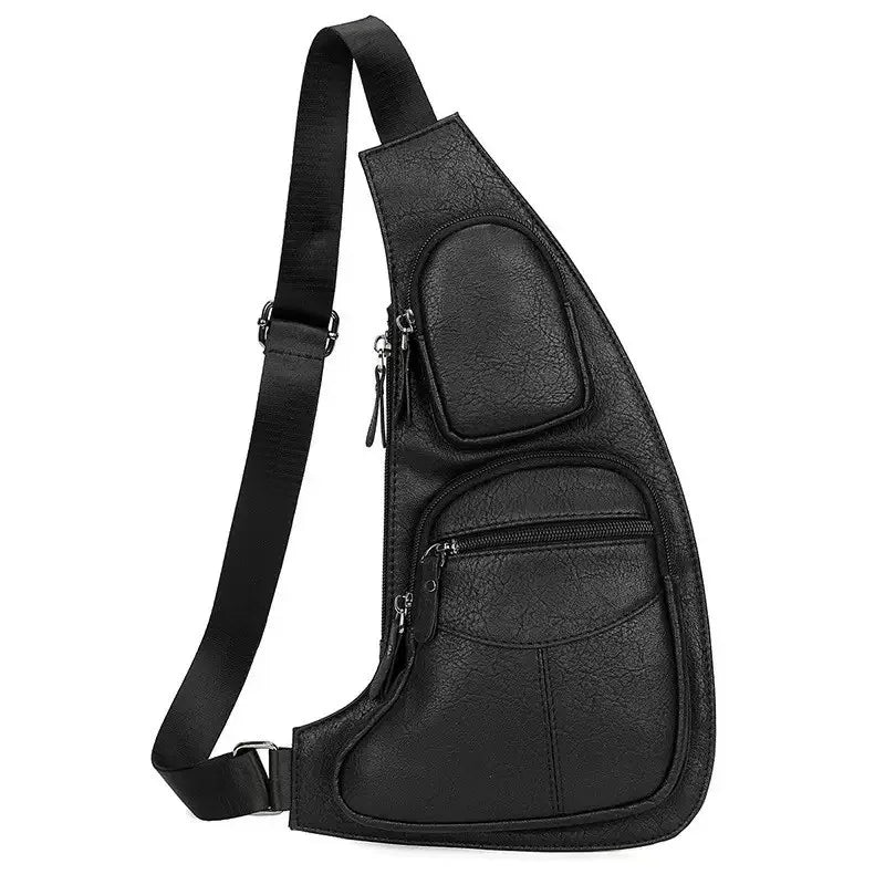 Black teardrop-shaped men’s sling bag in textured faux leather with an adjustable strap and two zipped front pockets.