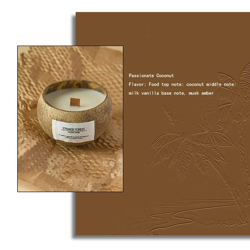 Coconut shell scented candle with a white wax core and wooden wick, set on textured brown paper.