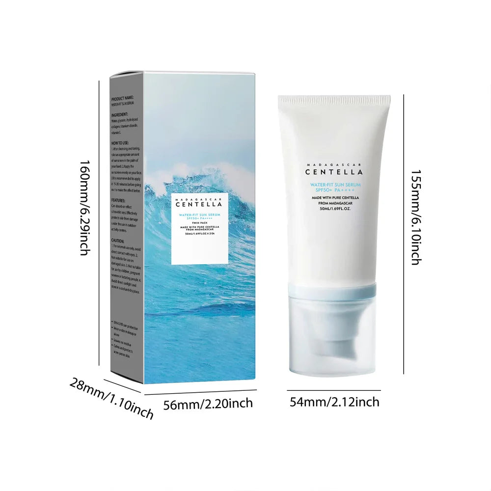 Sun serum twin pack with blue ocean packaging and white tube, featuring SPF50+ PA++++ sun protection.