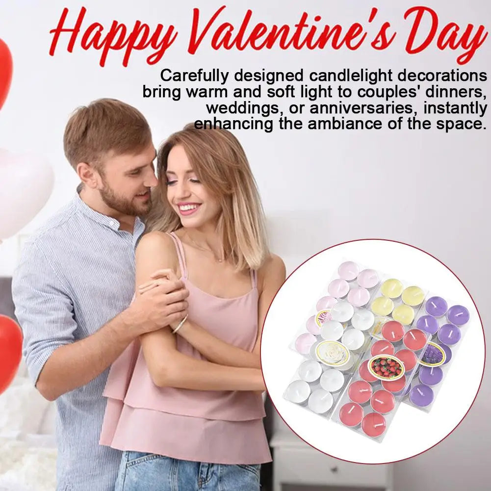 A pack of multi-coloured tealight candles in pink, white, yellow, red, and purple for romantic home decor.