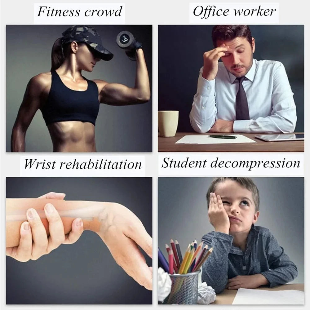 A collage showing a person exercising, a stressed office worker, a wrist injury, and a bored student.