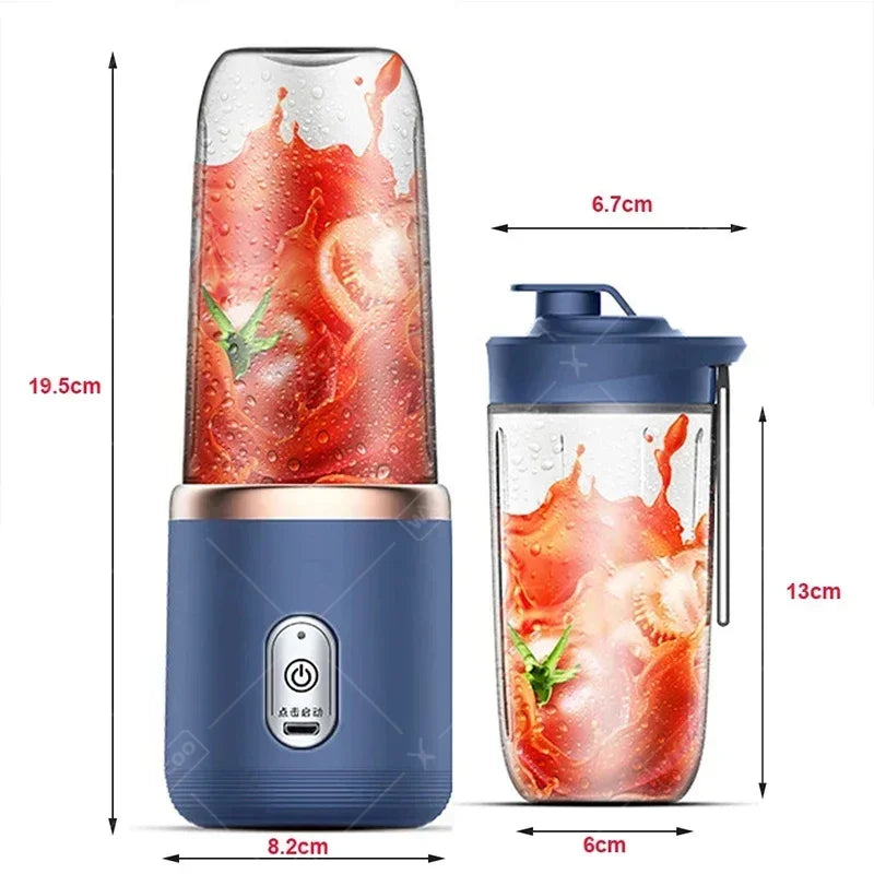 Blue portable electric blender with two clear containers showing red juice, featuring power button and measurement labels.