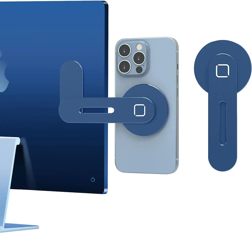 Blue magnetic phone holder mount attached to a computer monitor, holding a smartphone securely in place.