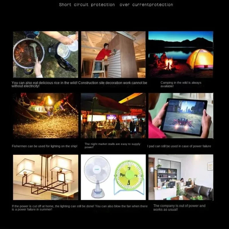 Collage showing a 1000W power inverter being used for camping, tools, lighting, and running appliances during power cuts.