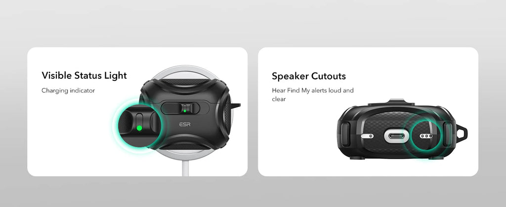 Rugged black ESR protective case for AirPods Pro 2 with speaker cutouts and visible charging light.